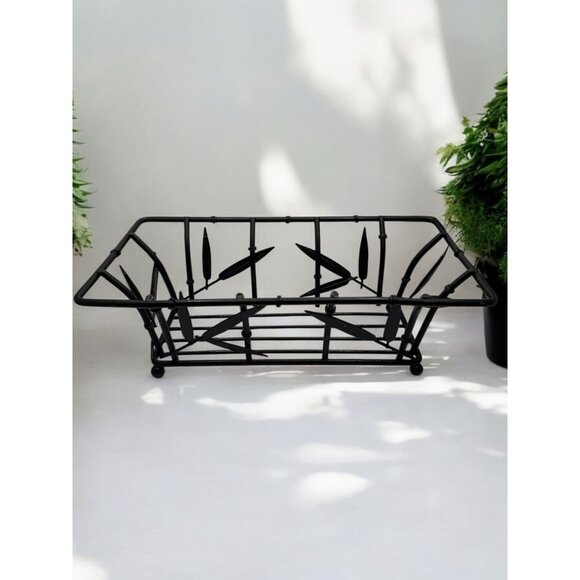 Black Metal Wire Rectangular Basket With Bamboo Design For Home Decor Or Storage - Picture 3 of 7